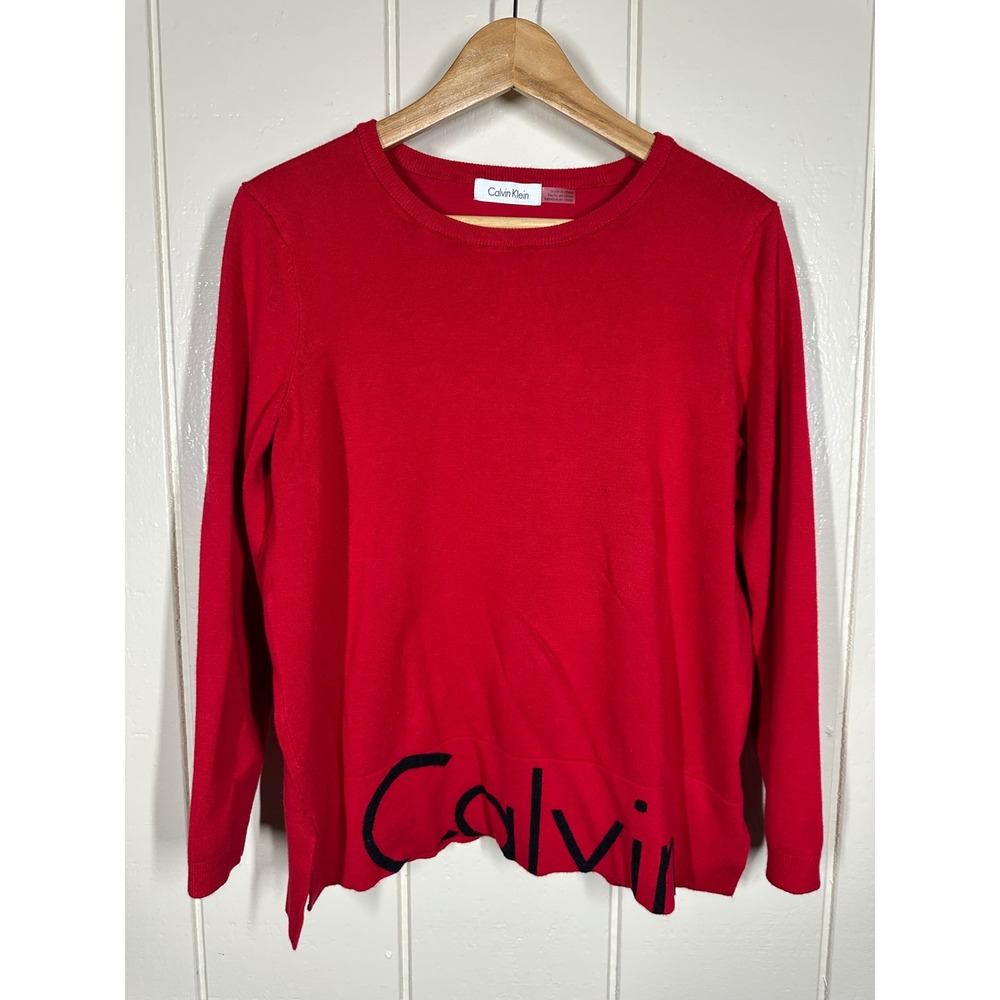 Calvin Klein Sweater Womens L Red Logo Graphic Crew Neck Knit Top Long Sleeve